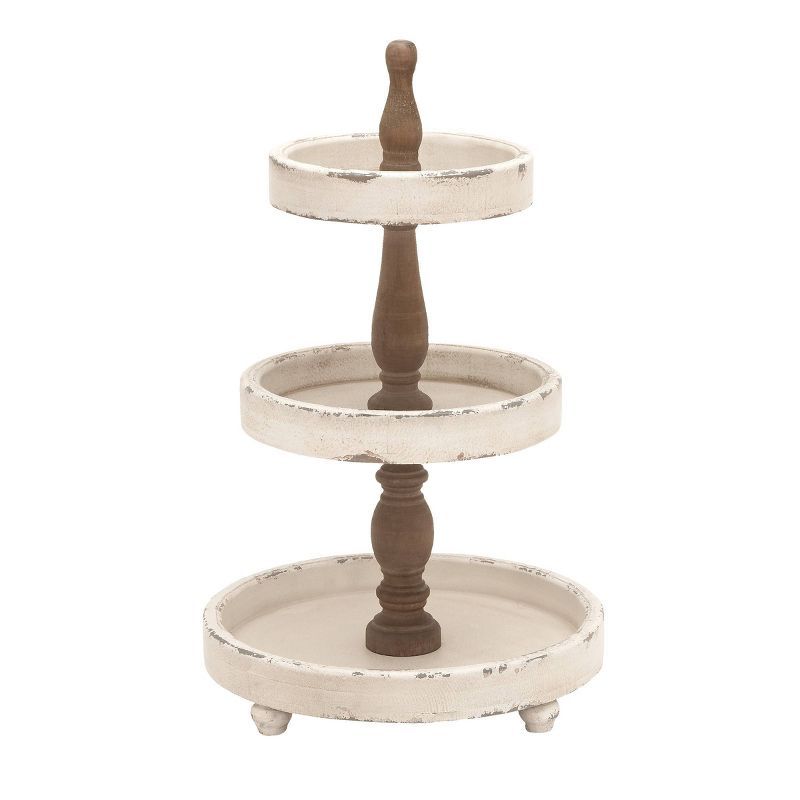 Distressed White and Brown Wood 3-Tier Round Serving Tray