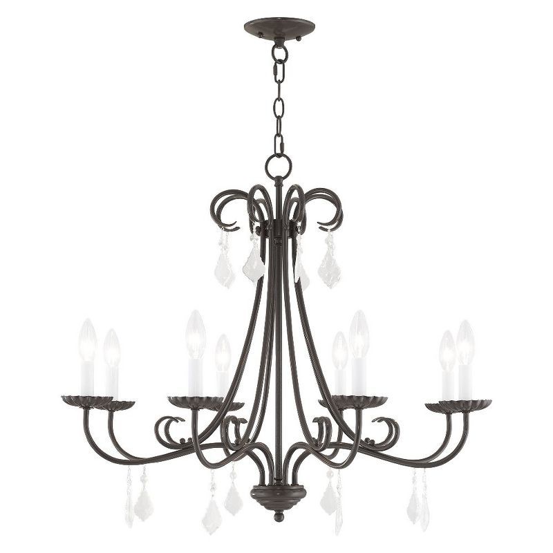 Elegant English Bronze 8-Light Chandelier with Teardrop Crystals