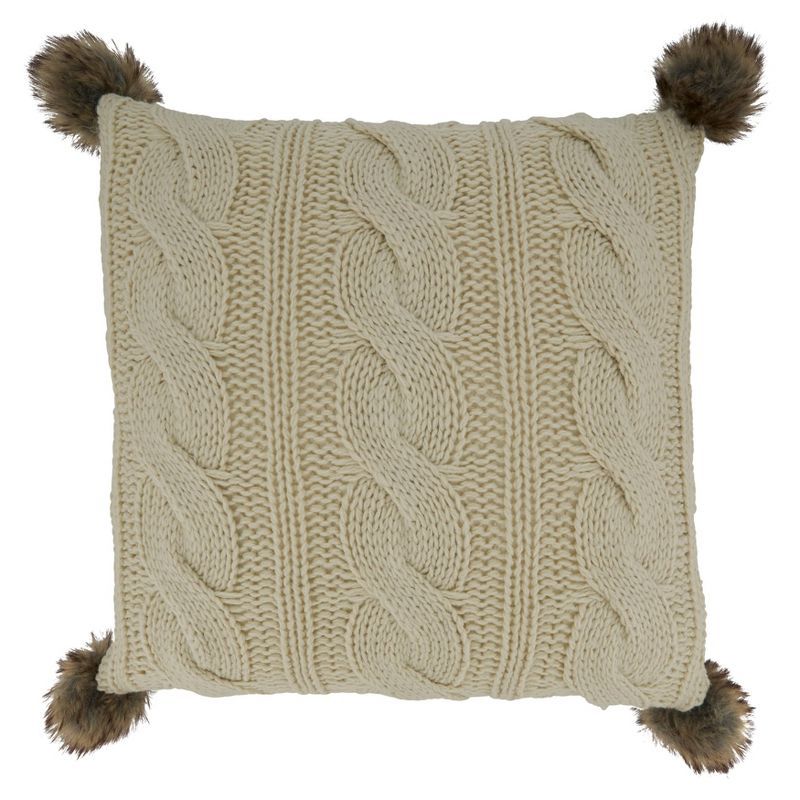 White Cable Knit Pom Pom Square Throw Pillow