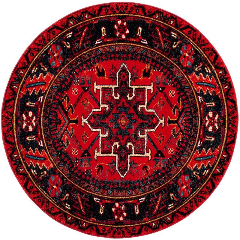 Vintage Red Floral Round Synthetic Area Rug