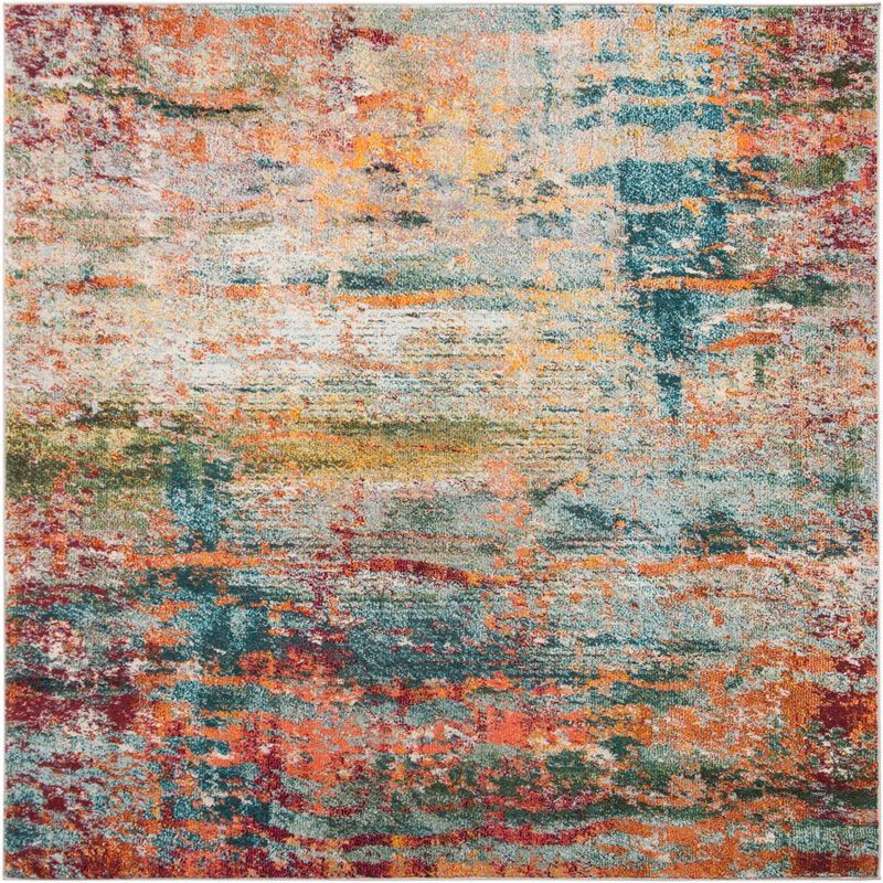 Teal and Orange Abstract Square Area Rug, 5'3" x 5'3"