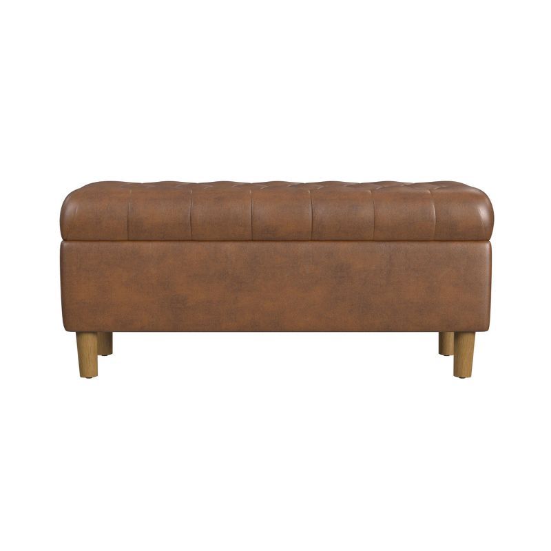 Brown Faux Leather Tufted Storage Bench with Oak Legs