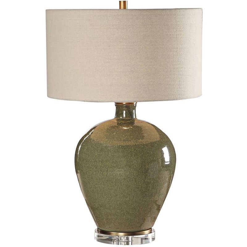 Distressed Emerald Green Ceramic Table Lamp with Beige Linen Shade