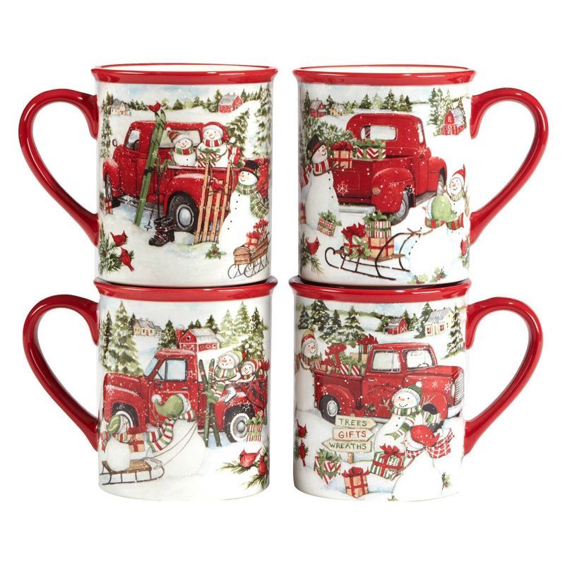 Set of 4 Red Ceramic Christmas Snowman Mugs