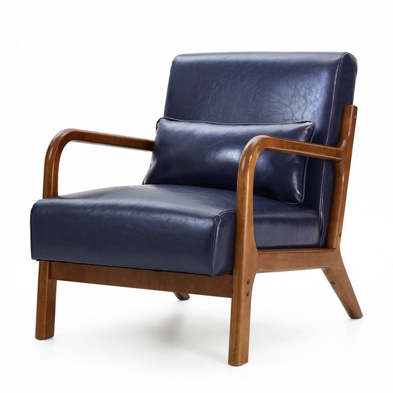 Navy Blue Faux Leather Mid-Century Modern Accent Chair with Walnut Wood Frame