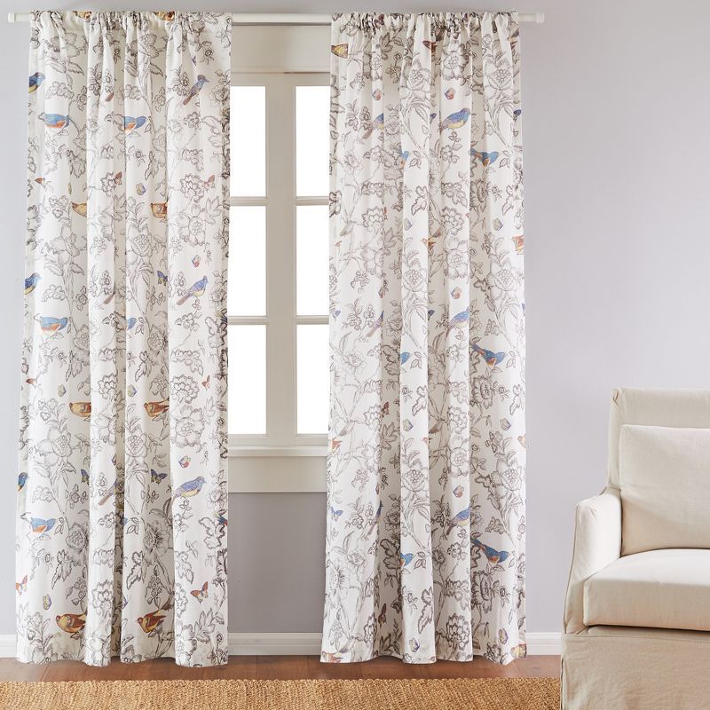 Gray Floral Bird Print Cotton Rod Pocket Curtains