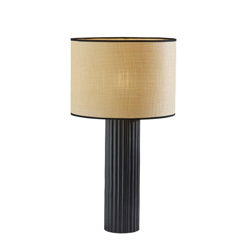 Large Black Ribbed Ceramic Table Lamp with Woven Shade