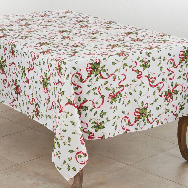 60"x140" Holly and Ribbon Christmas Tablecloth