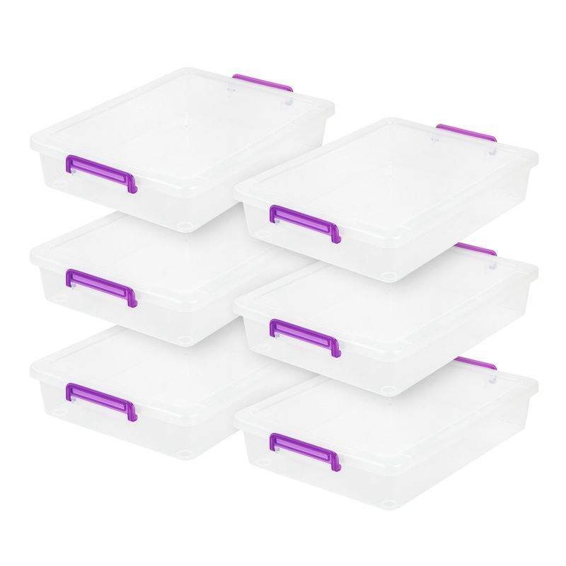 Clear Stackable Plastic Storage Bins with Purple Lids, 6 Pack