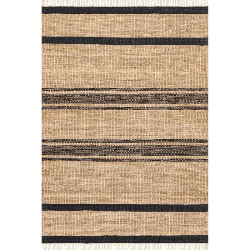 Handmade Beige and Black Wool Cotton Striped Rug 5x8