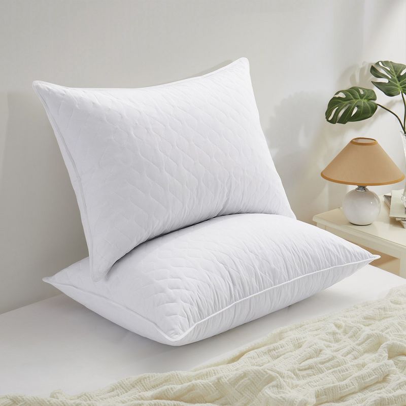Standard White Quilted Goose Feather Down Pillows, Set of 2