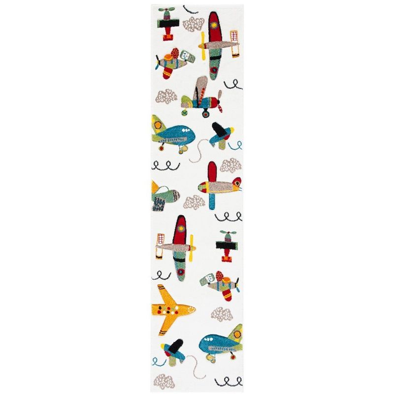 Ivory and Blue Airplane Kids Runner Rug 2' x 8'