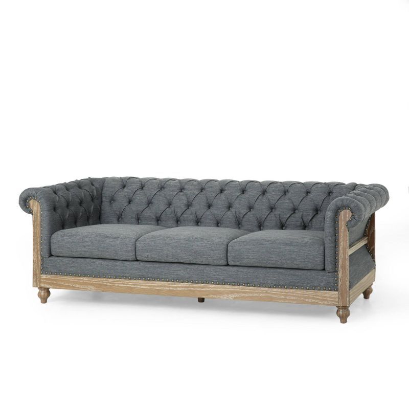 Charcoal Tufted Chesterfield 3-Seater Sofa with Nailhead Trim