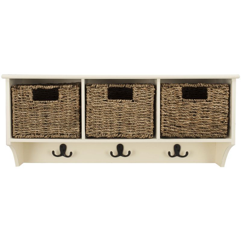 Finley White Wall Rack with Wicker Baskets and Hooks