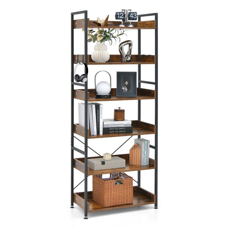 Industrial Black and Rustic Brown 6-Tier Bookshelf with Metal Frame