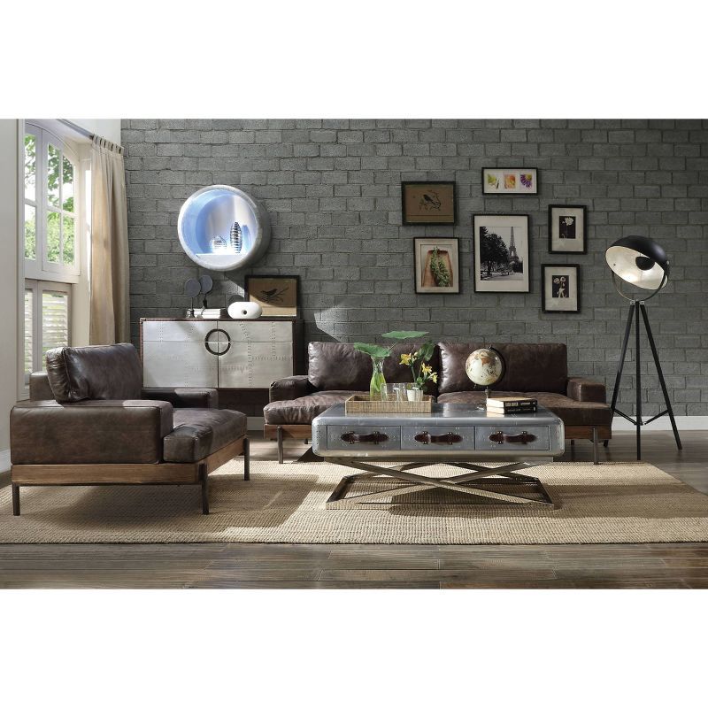 Elegant Oak and Distressed Chocolate Leather Sofa with Track Arms