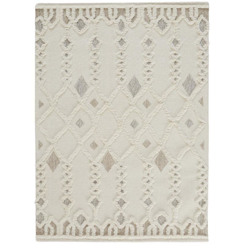 Ivory and Beige Geometric Tufted Wool Area Rug, 8' x 10'