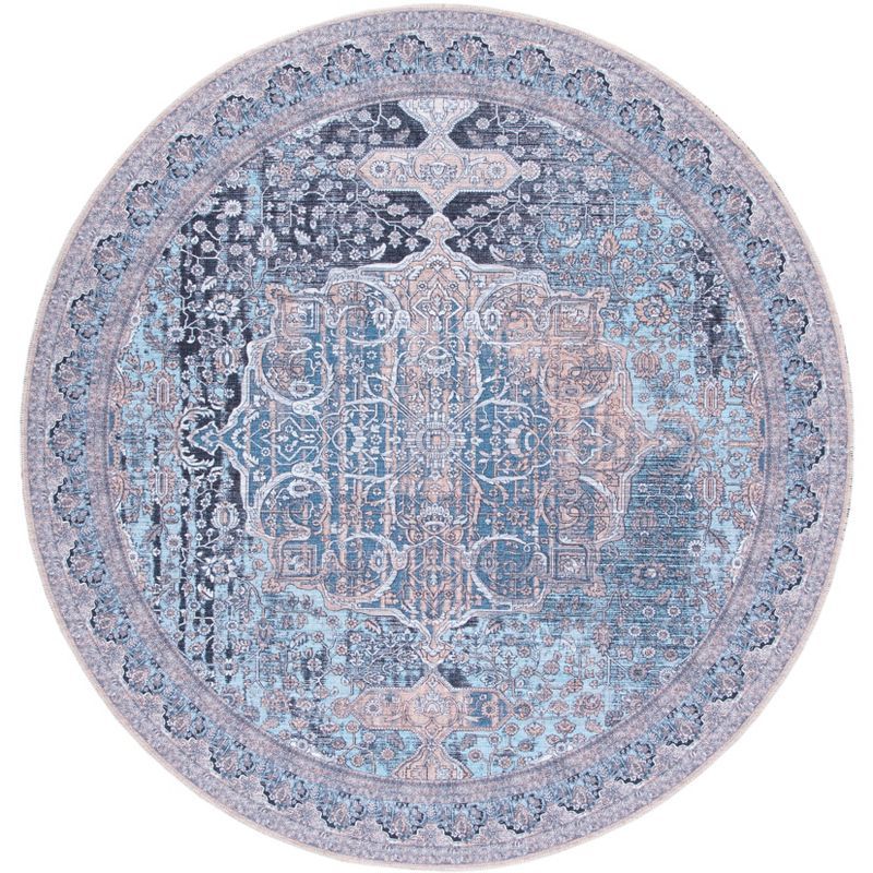 Serapi Light Blue Round Machine Washable Area Rug