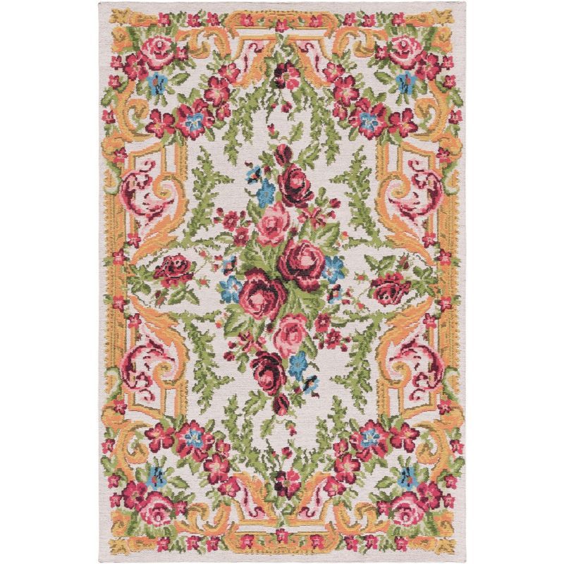 Classic Ivory and Rose Cotton Synthetic Floral Area Rug, 4' x 6'