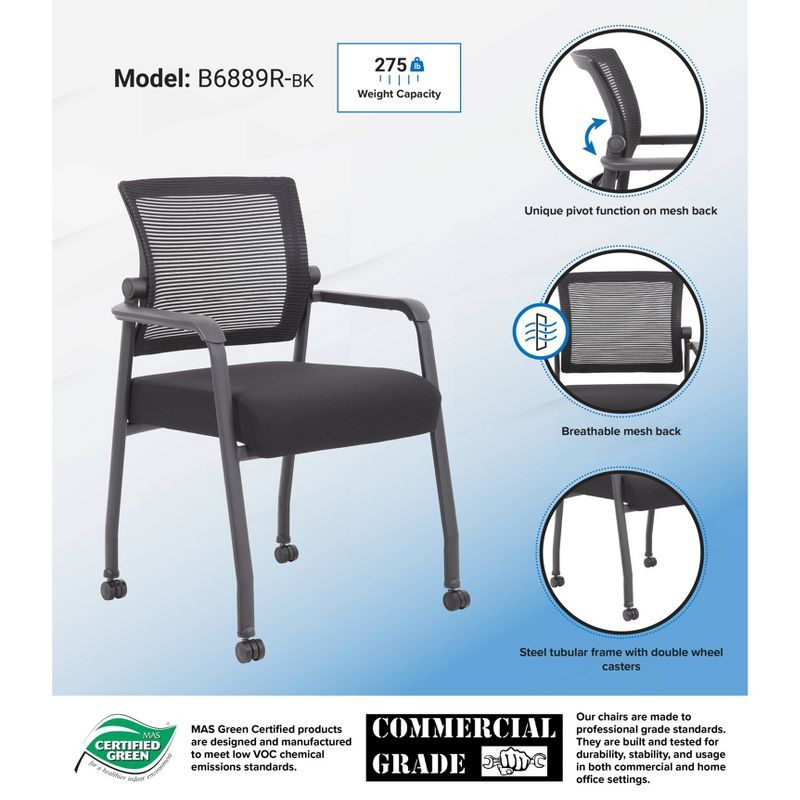 Black Mesh Guest Chair with Fixed Arms and Casters