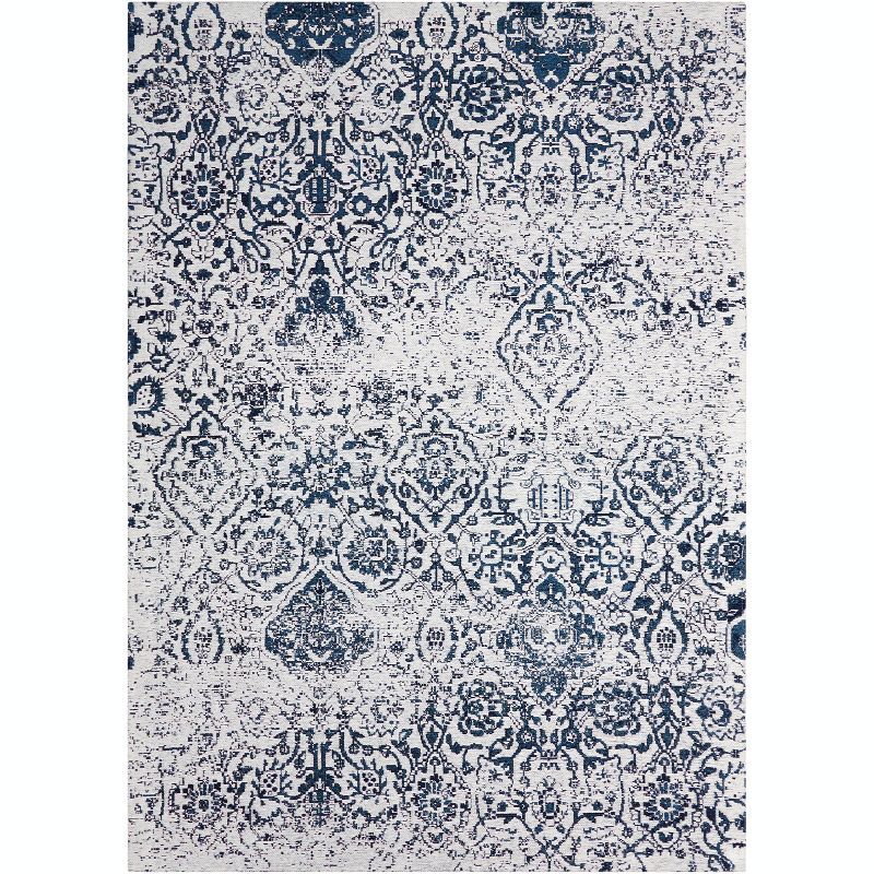 Ivory and Navy Floral Synthetic Large Rectangular Rug