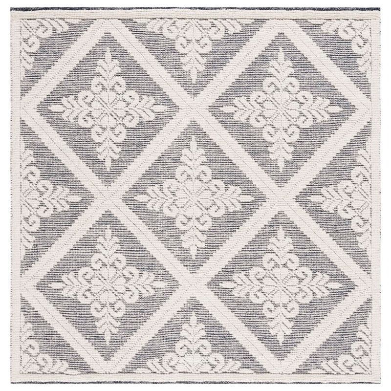 Ivory and Navy Hand-Knotted Wool 6' Square Area Rug