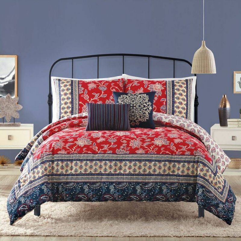 Marbella Red and Blue Cotton 5-Piece Reversible Comforter Set