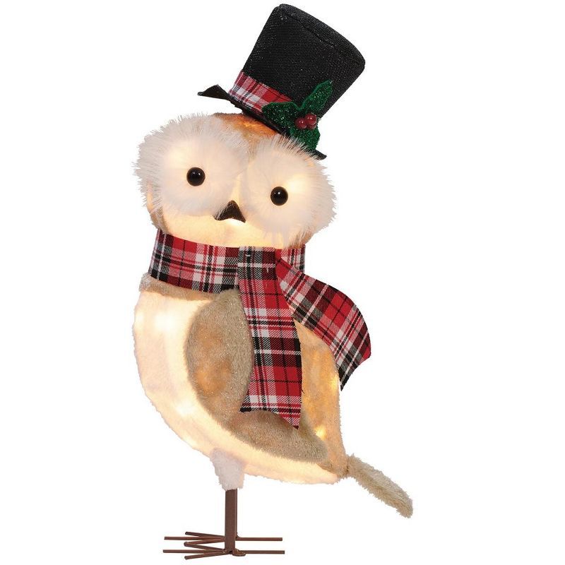 24-Inch Lighted Winter Owl Figurine with Plaid Scarf