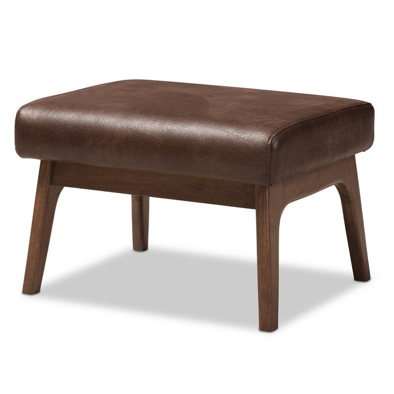 Bianca 19'' Walnut Wood Distressed Dark Brown Faux Leather Ottoman