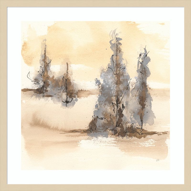 Neutral Sepia Abstract Landscape Lithograph with Wood Frame