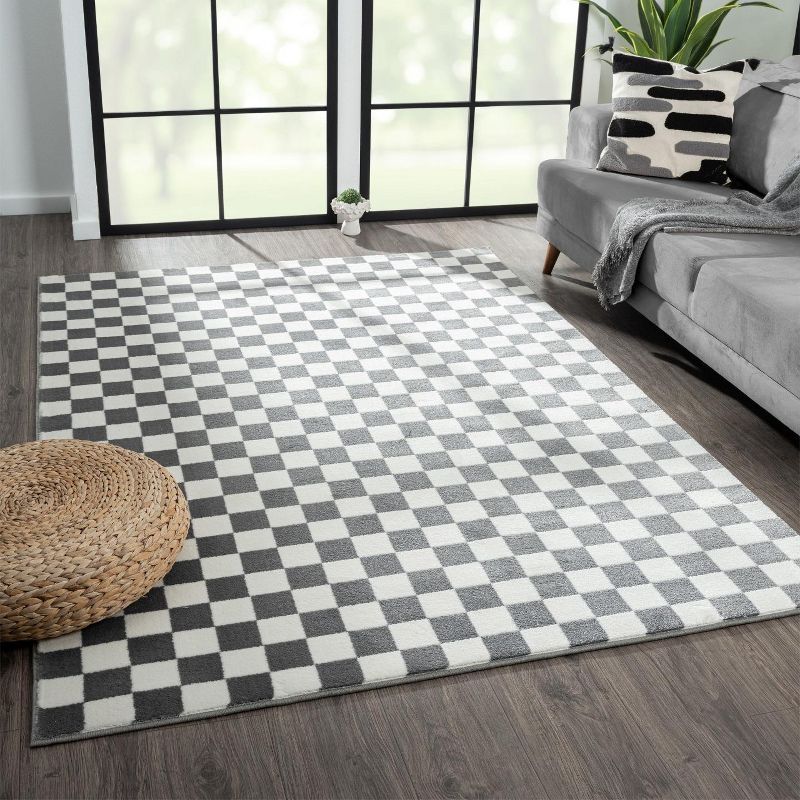 Gray and White Geometric Checkered 6' x 9' Synthetic Area Rug