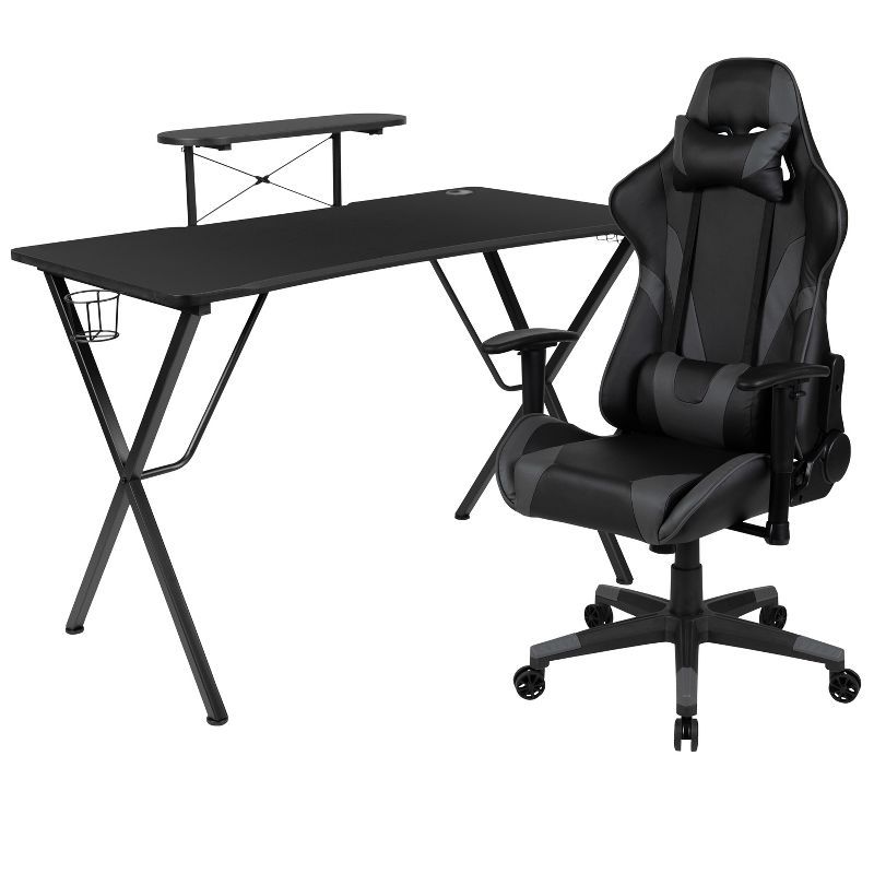 Adjustable Gray Wood Gaming Desk & Chair Set with Cup Holder and Headphone Hook