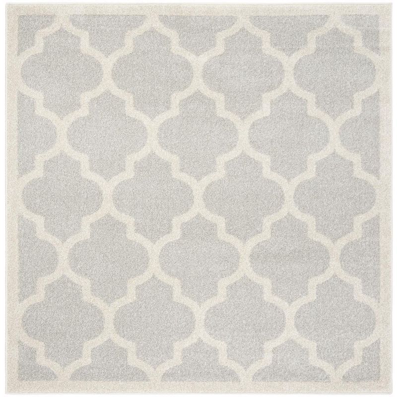 Reversible Light Grey & Beige Geometric 5' Square Synthetic Rug