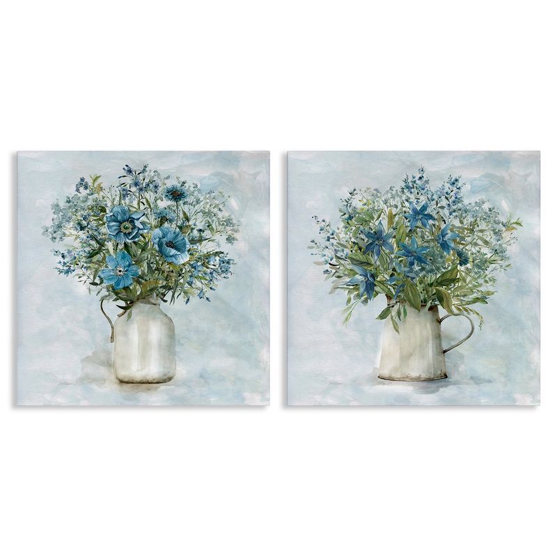 Country Blue Floral Bouquet Canvas Wall Art Set