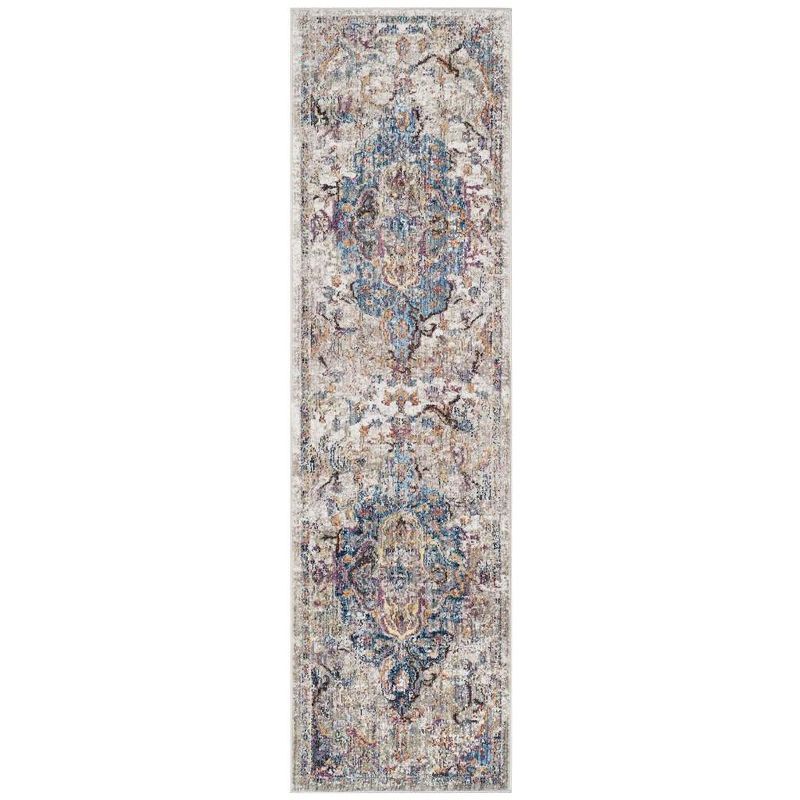 Blue and Light Grey Synthetic Hand-Knotted Runner Rug