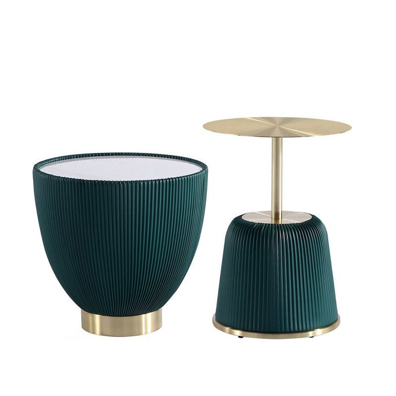 Green Ridged Metal and Stone Accent Table Set