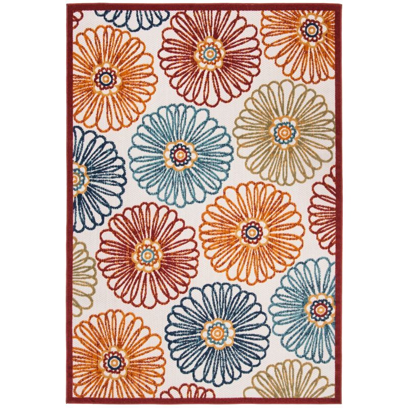 Cream and Red Floral Synthetic Indoor/Outdoor Area Rug