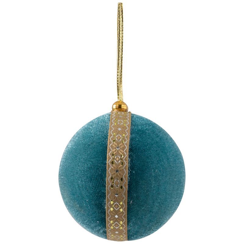 Teal and Gold Velour Christmas Ball Ornament 3.25"