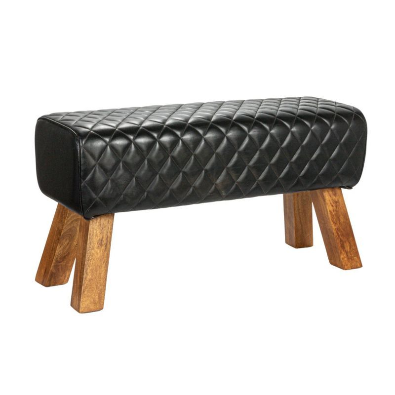 Black Stitched Genuine Leather Bench with Mango Wood Legs