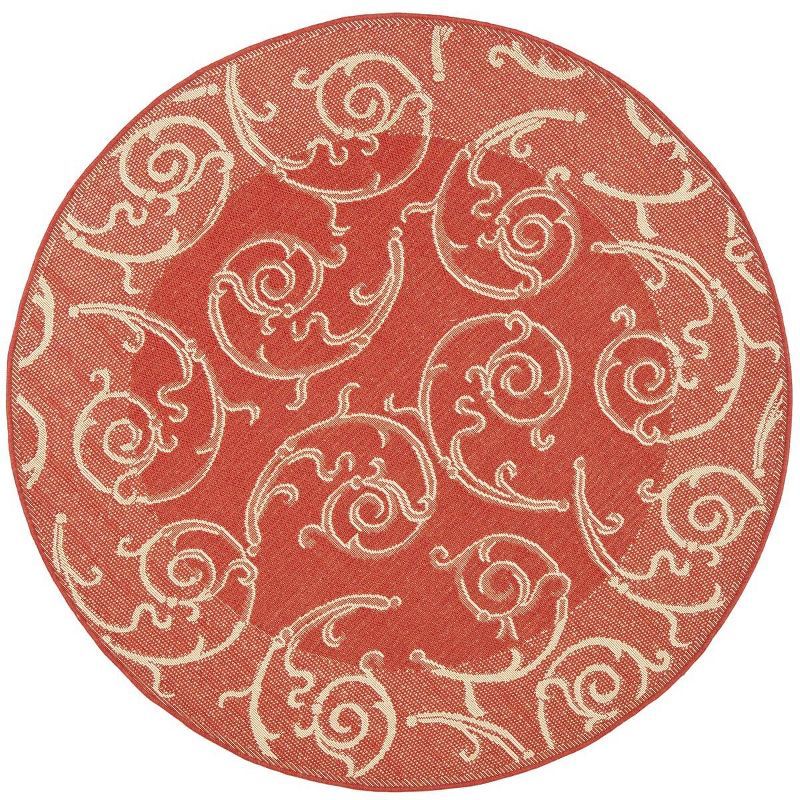 Vibrant Red Floral Vine Scroll 6'7" Round Indoor/Outdoor Rug
