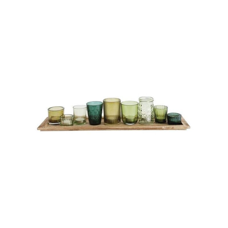 Rustic Wood Tray with Green Glass Votive Candle Holders