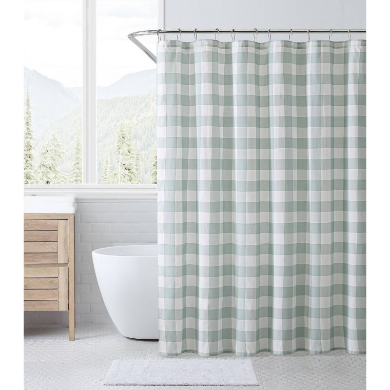 Green Plaid Cotton Shower Curtain with Buttonhole Top