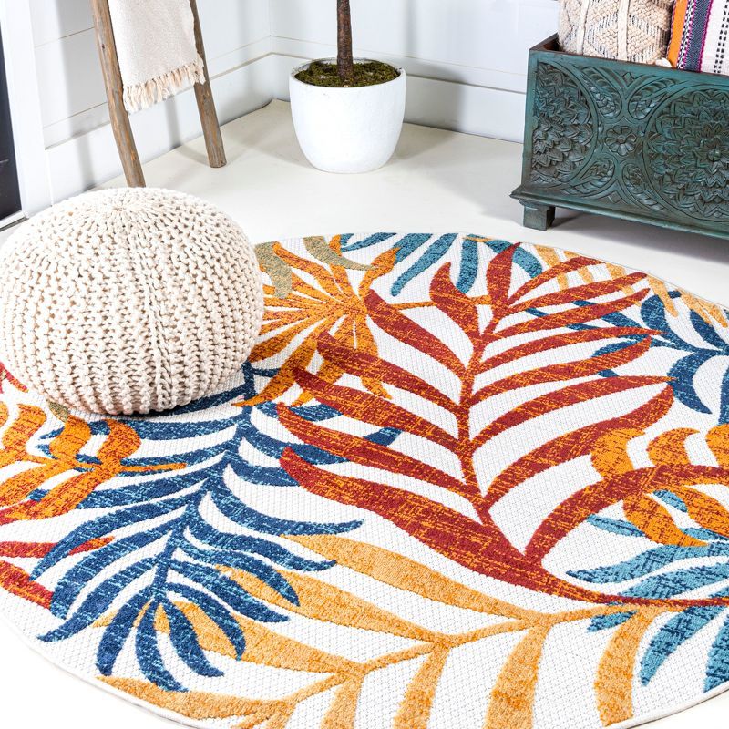 5' Round Cream and Orange Synthetic Palm Leaves Area Rug