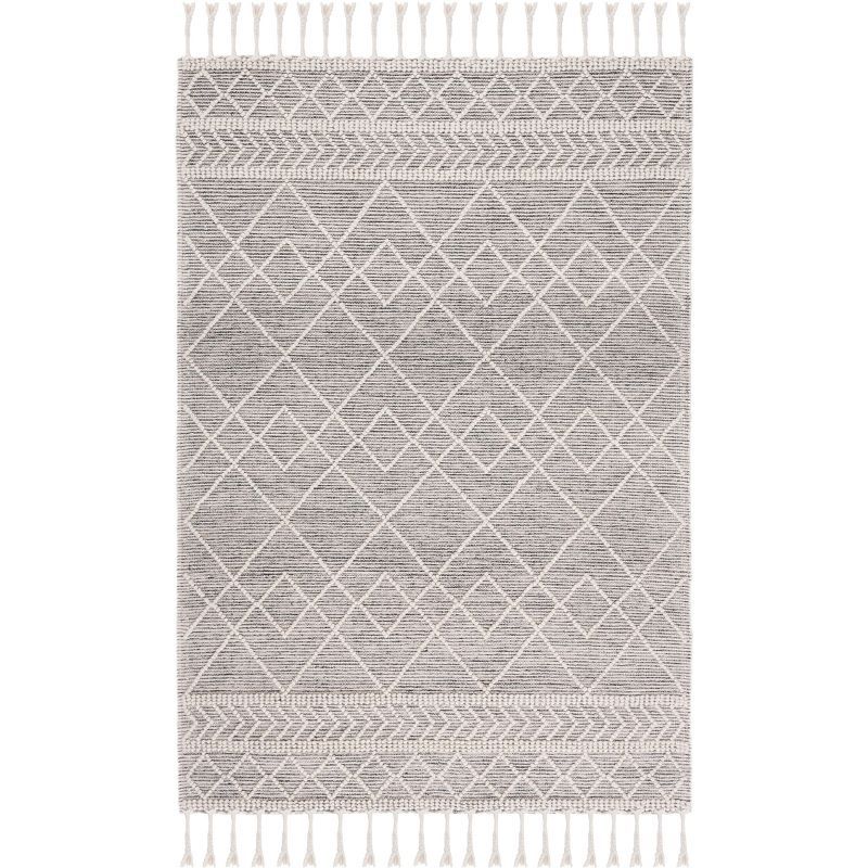 Ivory and Black Hand Woven Wool Area Rug, 3' x 5'