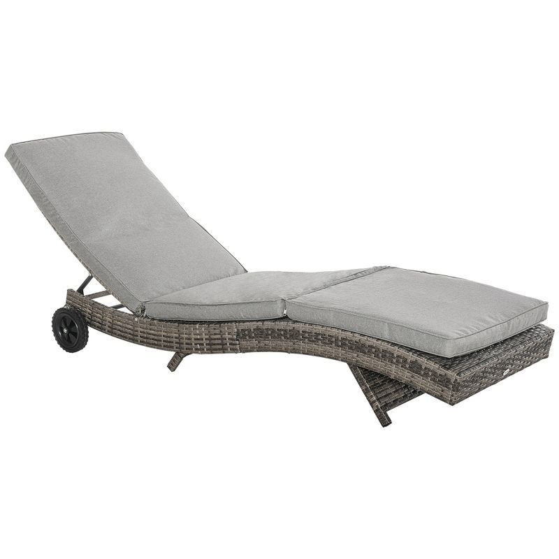Mixed Gray Wicker Cushioned Armless Chaise Lounge with Wheels