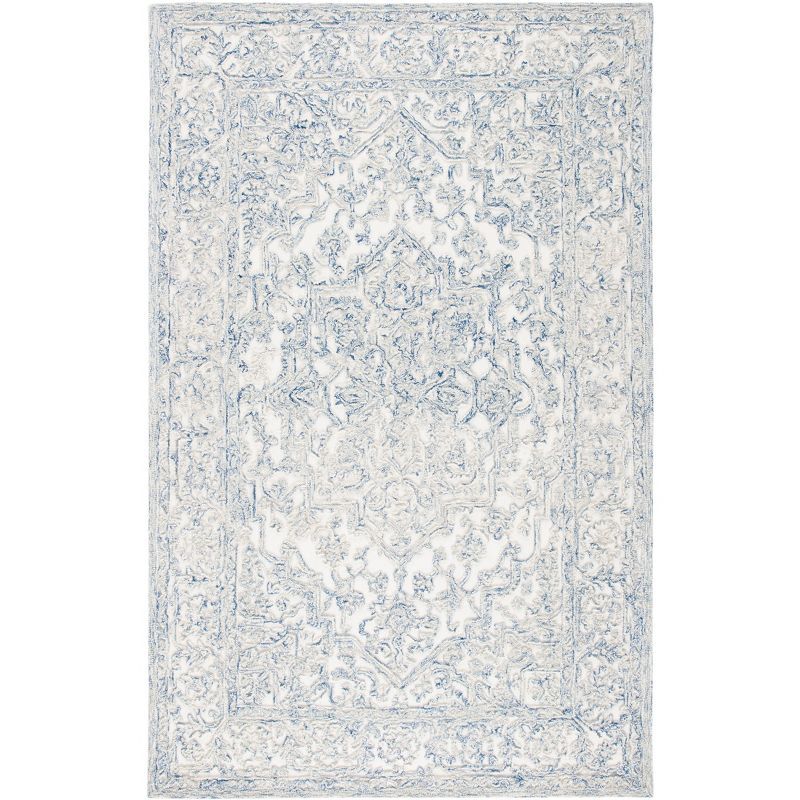 Ivory and Blue Hand-Tufted Wool Area Rug, 5' x 8'