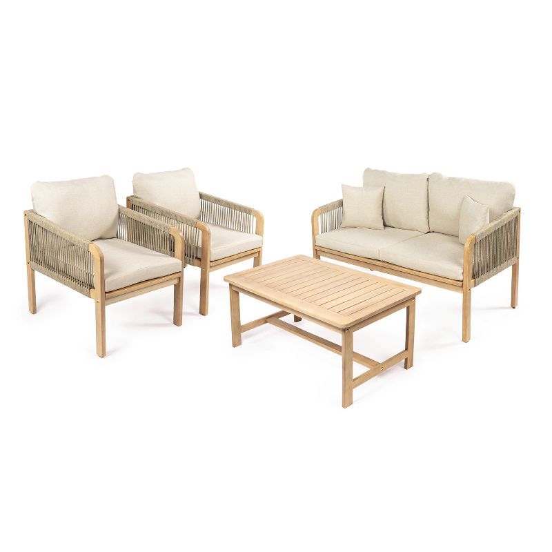 Tavira 4-Piece Light Teak Acacia Wood Patio Set with Beige Cushions