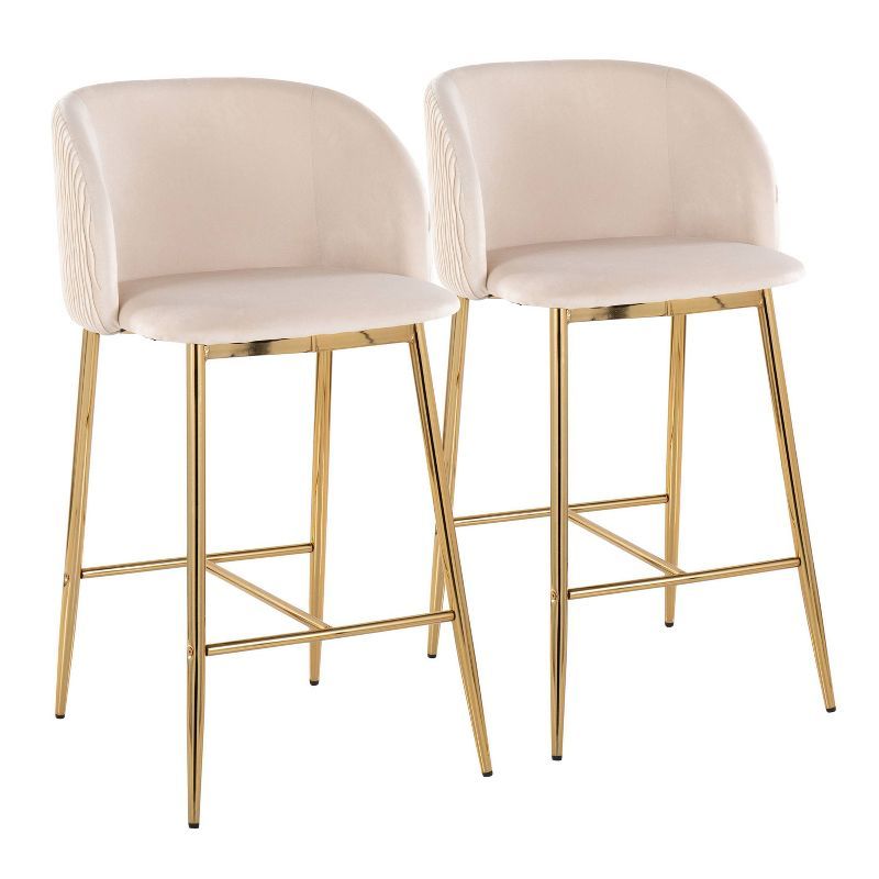 Fran Pleated Waves Gold Metal and White Velvet Counter Stools, Set of 2