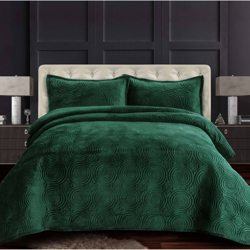 Teal Velvet Twin Reversible Quilt Set with Medallion Stitching