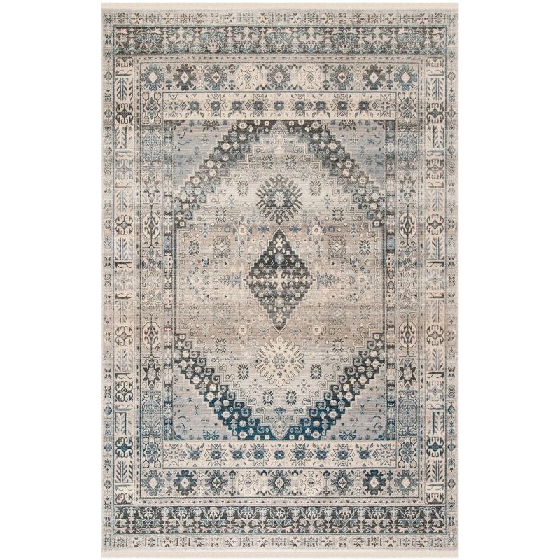 Gray and Blue Hand-Knotted Synthetic Persian Area Rug